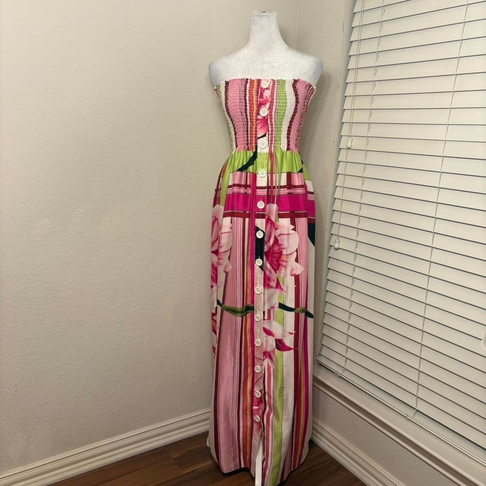 Y2K Cache strapless‎ maxi dress 100% silk cherry blossom print button front XS
